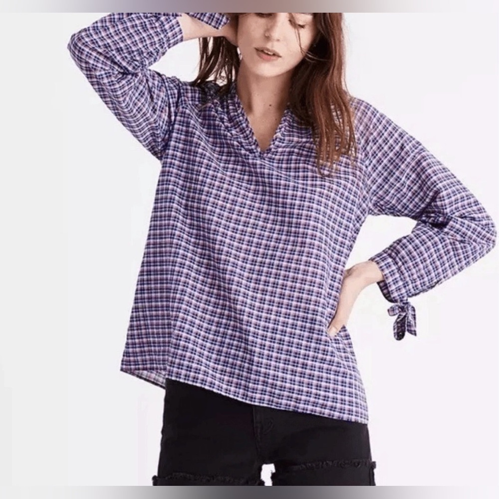 Madewell Whitby Plaid Tie Sleeve M Blue Red Linen Blend Preppy Fall Americana
